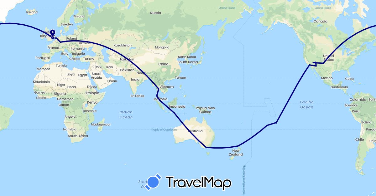 TravelMap itinerary: driving in Australia, Cook Islands, Germany, France, United Kingdom, Indonesia, Malaysia, Netherlands, New Zealand, Thailand, United States (Asia, Europe, North America, Oceania)